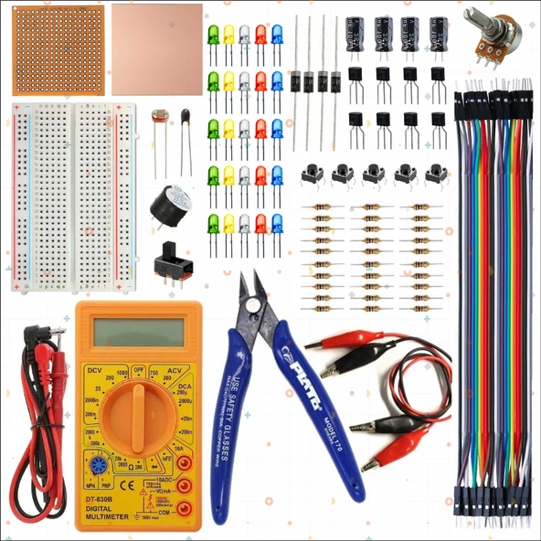 BREADBOARD TEMEL ELEKTRONİK DEVRE SETİ +DT830D MULTİMETRE + PLATO YANKESKİ