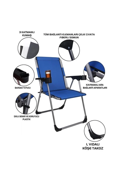 FORA ÖZEL KALİTELİ PARAŞÜT KUMAŞ Metal 150 Kğ Taşıma Kapasiteli Lüks Kamp Sandalyesi TEKLİ mavi