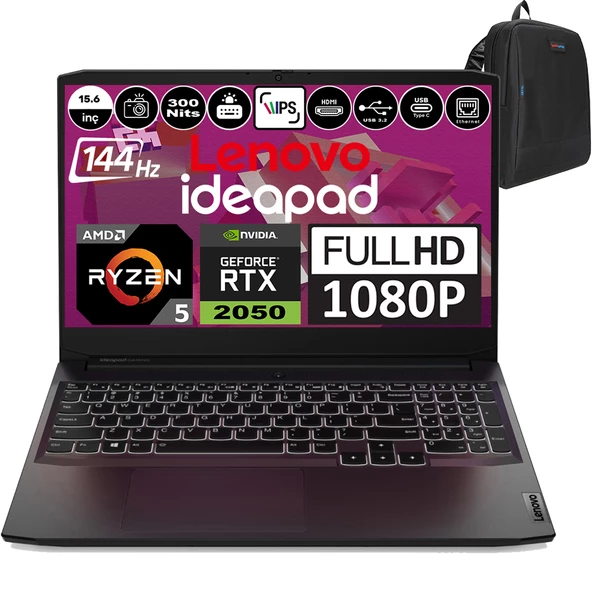 Lenovo Ideapad Gaming 3 Amd Ryzen 5 5500H Ddr4 32GB 2tb SSD RTX2050-4GB Freedos 15.6" IPS 144HZ Taşınabilir Bilgisayar 82K202BRTXF06 + Weblegelsin Çanta