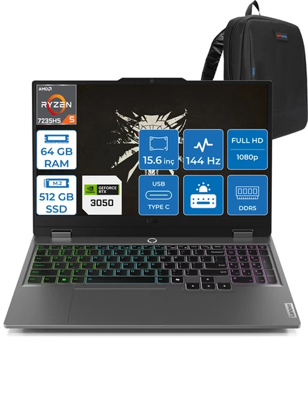 Lenovo Loq 15ARP9 Ryzen 5 7235HS 64GB Dd5 512GB SSD 6GB/RTX3050/95W 15.6" Fhd IPS 144Hz Windows 11 Pro Dizüstü Bilgisayar 883JC000QTRP16 + Zettaçanta