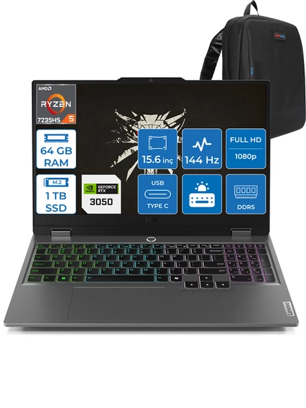Lenovo Loq 15ARP9 Ryzen 5 7235HS 64GB Dd5 1tb SSD 6GB/RTX3050/95W 15.6" Fhd IPS 144Hz Freedos Dizüstü Bilgisayar 883JC000QTRF17 + Zettaçanta