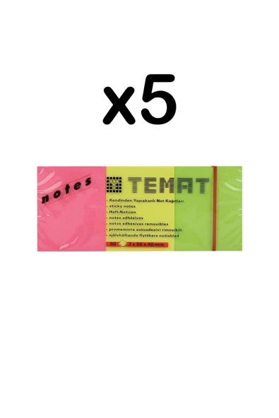 Dağtaş Kırtasiye Temat 3x50x40 Yapışkanlı Not Kağıdı 80 Yaprak 3 Renk 5 Adet - 5