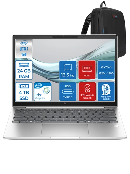 Hp Elitebook 630 G11 Ultra7 155U 24GB Ddr5 4tb SSD 13.3'' Fhd Wuxga Windows 11 Home Yapay Zeka Destekli Taşınabilir Bilgisayar H9Y7R8ETH07 + Zettaçanta