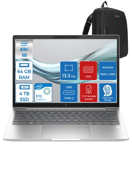 Hp Elitebook 630 G11 Ultra7 155U 64GB Ddr5 4tb SSD 13.3'' Fhd Wuxga Windows 11 Home Yapay Zeka Destekli Taşınabilir Bilgisayar H9Y7R8ETH019 + Zettaçanta