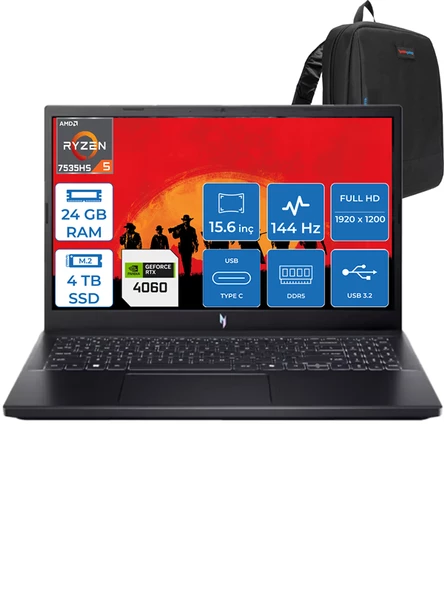 Acer Nitro V15 ANV15 Ryzen 5 7535HS 24GB Ddr5 4tb SSD 8GB/RTX4060/75W 15.6" Fhd 144Hz Windows 11 Home Dizüstü Bilgisayar R47EH07 + Zettaçanta