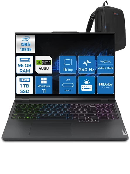 Lenovo Legion Pro 7 I9-14900HX 96GB 1tb SSD 16GB/RTX4090/175W 16" 240Hz 500NITS Hdr Wqxga WIN11PRO Taşınabilir Bilgisayar L83DE002XTRWP21 + Zettaçanta