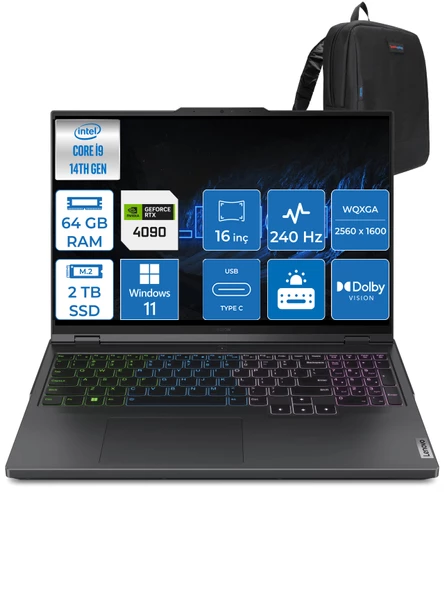 Lenovo Legion Pro 7 I9-14900HX 64GB 2tb SSD 16GB/RTX4090/175W 16" 240Hz 500NITS Hdr Wqxga WIN11PRO Taşınabilir Bilgisayar L83DE002XTRWP13 + Zettaçanta