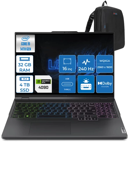 Lenovo Legion Pro 7 I9-14900HX 32GB 4tb SSD 16GB/RTX4090/175W 16" 240Hz 500NITS Hdr Wqxga Freedos Taşınabilir Bilgisayar L83DE002XTR05 + Zettaçanta