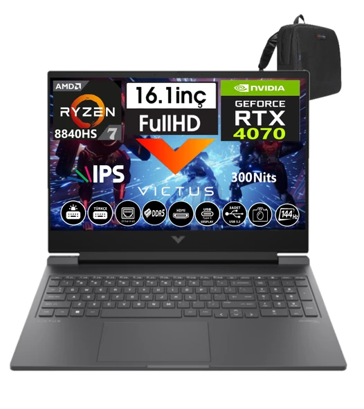 Hp Victus 16-S1035NT Amd RYZEN7-8840HS 48GB Ddr5 512GB SSD 8GB/RTX4070 WINDOWS11HOME 16" 144 Hz Fhd IPS Taşınabilir Bilgisayar WA1UZ2EA29+WEBLEGELSINÇANTA