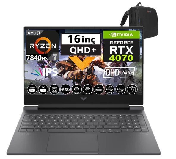 Hp Victus 16-S0001NT Ryzen 7 7840HS 32GB Ddr5 1tb SSD 8GB/RTX4070 WINDOWS11PRO 16" 240Hz 3ms Qhd IPS Taşınabilir Bilgisayar W7Z4L9EA46+WEBLEGELSINÇANTA