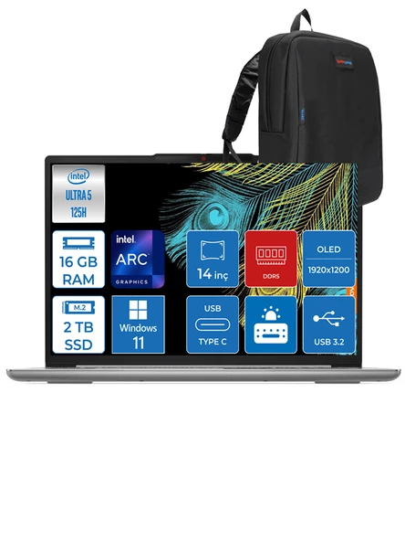 Ideapad Slim 5 Intel Ultra 5 125H 16GB LPDDR5X 2tb SSD 14" Wuxga Windows 11 Home Taşınabilir Bilgisayar S83DA0078TRH03 + Zettaçanta ürün görseli