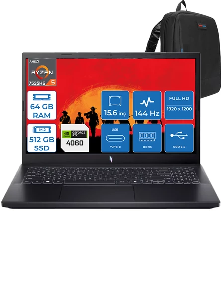 Acer Nitro V15 ANV15 Ryzen 5 7535HS 64GB Ddr5 512GB SSD 8GB/RTX4060/75W 15.6" Fhd 144Hz Windows 11 Home Dizüstü Bilgisayar R47EH16 + Zettaçanta