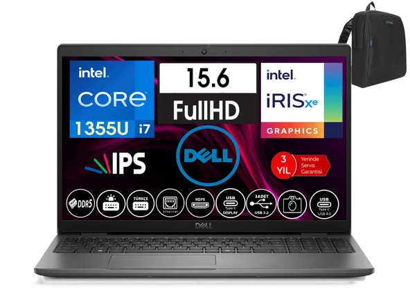 Dell Latitude 3550 Intel Core I7 1355U 32GB Ddr5 2tb SSD  15.6" Fhd IPS Freedos Taşınabilir Bilgisayar WN012L54501409+ZETTAÇANTA