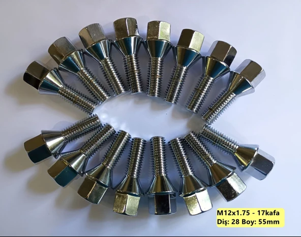 Bijon Takımı Krom Kaplı M12x1.75 - Aa:17mm Diş/boy:28/55mm, 16 adet bijon - 2