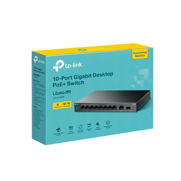 TP-LINK LS1210GP, Green Tech, 10 port Gigabit, 9 Port POE, +1 Port Gigabit SFP, 61W, Yönetilemez Masaüstü Switch - 2