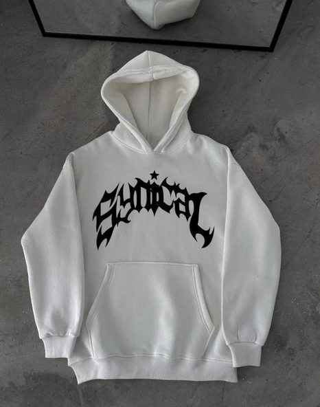 Üç İplik Kapşonlu Baskılı Oversize SweatShirt-  Beyaz - 2