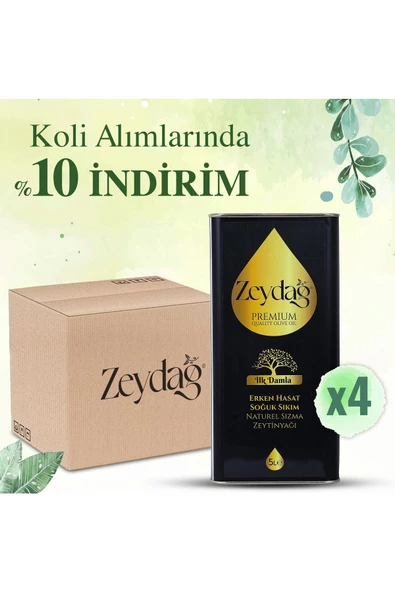 ZEYDAĞ İlk Damla 5 Lt Erken Hasat Soğuk Sıkım Naturel Sızma Zeytinyağı 4'lü Koli