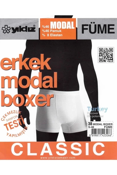 Yıldız Erkek Modal Likralı Boxer 37/42 - 12 Adet  M Füme - 2