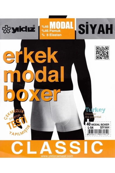 Yıldız Erkek Modal Likralı Boxer 37/42 - 12 Adet  Siyah 3XL - 3