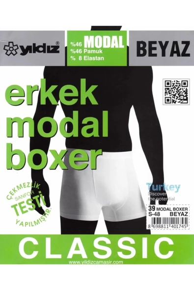 Yıldız Erkek Modal Likralı Boxer 37/42 - 12 Adet  Beyaz 2XL - 2