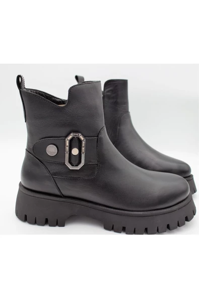 Hakiki Deri Kadın Bot Siyah Yandan Toka Detaylı Fermuarlı Bot - Resim 3