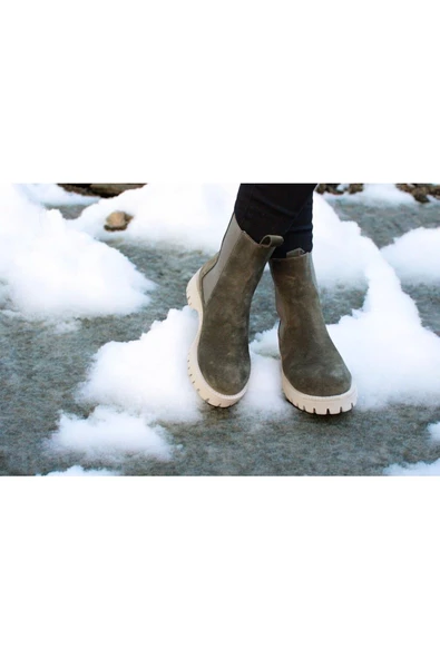 Gerçek Deri Haki Süet Günlük Kadın Chelsea Bot - Resim 4