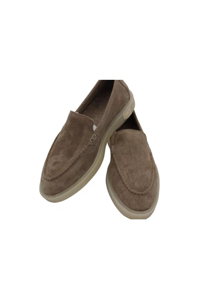 Gerçek Deri Bej Süet Kışlık Günlük Kadın Ayakkabı Loafer - Resim 6