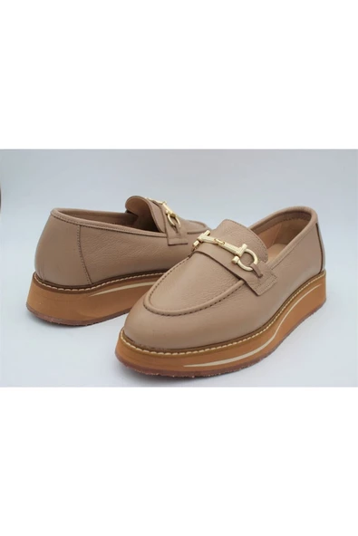 Hakiki Deri Kadın Ayakkabı Bej Loafer Makosen Günlük Tokalı Deri Aykkbim2517 - 7