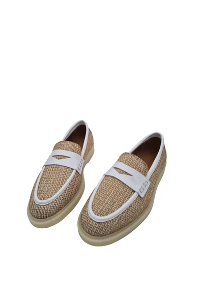 Hakiki Deri Keten Detaylı Kadın Beyaz Günlük Ayakkabı - 2