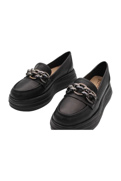 Hakiki Deri Siyah Kadın Ayakkabı Eva Taban Loafer - Resim 3