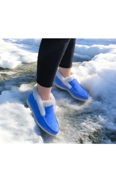 Gerçek Deri Mavi Süet Ve Beyaz Kürk Günlük Kadın Bot - Resim 4