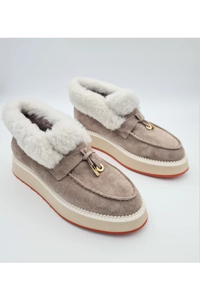 Hakiki Deri Bej Tokalı Kürk Astar Soğuk Geçirmez Hafif Kaymaz Eva Taban Günlük Kısa Kadın Bot ürün görseli 1