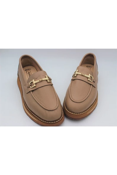 Hakiki Deri Kadın Ayakkabı Bej Loafer Makosen Günlük Tokalı Deri Aykkbim2517 - 8