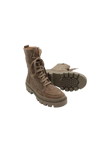 Gerçek Deri Bej Süet Bağcıklı Fermuarlı Rahat Günlük Kadın Bot - 2