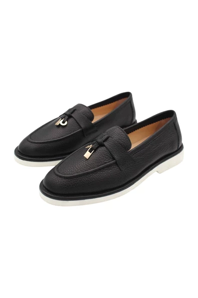 Hakiki Deri Siyah Kadın Ayakkabı Eva Taban Loafer - Resim 6