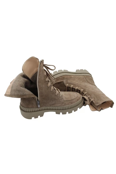 Gerçek Deri Bej Süet Bağcıklı Fermuarlı Rahat Günlük Kadın Bot - 8