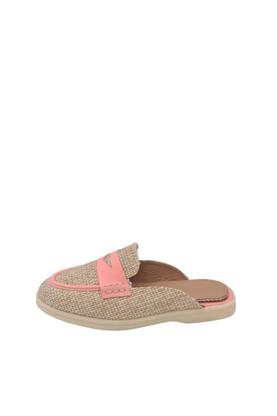 Hakiki Deri Keten Detaylı Pembe Günlük Kadın Terlik - 2