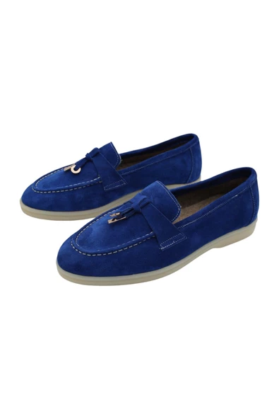 Hakiki Deri Kadın Kışlık Ayakkabı Mavi Keçe Astar Rahat Taban Loafer - 4