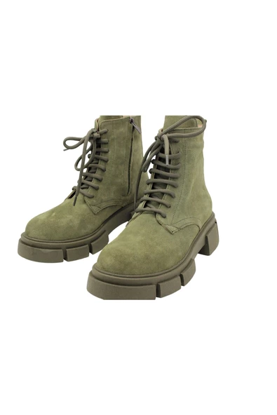 Gerçek Deri Yeşil Süet Bağcıklı Ve Fermuarlı Kadın Bot - 5