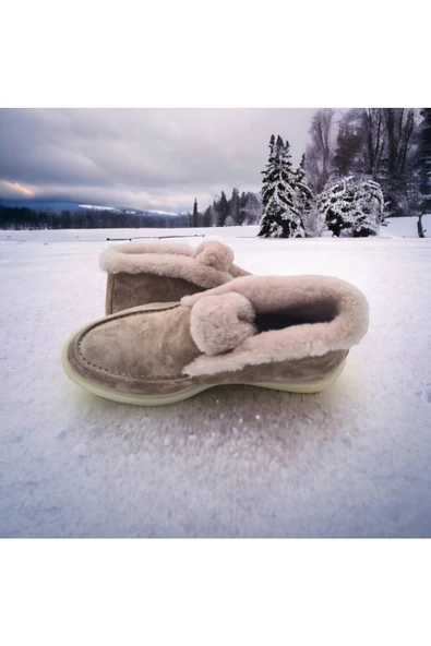 Hakiki Deri İçi Hakiki Kürk Bej Kadın Günlük Bot - 5