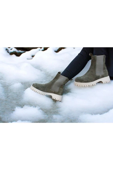 Gerçek Deri Haki Süet Günlük Kadın Chelsea Bot - Resim 2