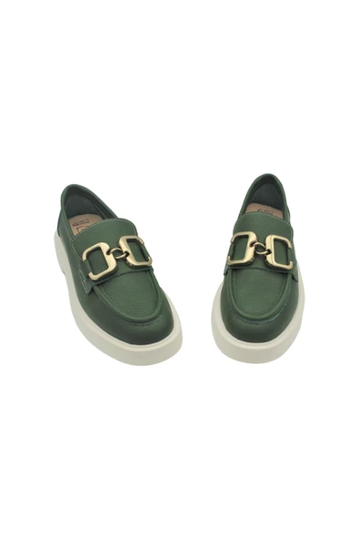 Gerçek Deri Yeşil Lüks Toka Detaylı Çok Hafif Rahat Günlük Kadın Ayakkabı - Resim 5