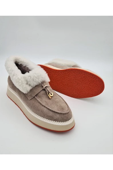 Hakiki Deri Bej Tokalı Kürk Astar Soğuk Geçirmez Hafif Kaymaz Eva Taban Günlük Kısa Kadın Bot - Resim 3