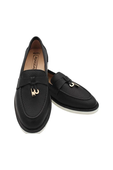 Hakiki Deri Siyah Kadın Ayakkabı Eva Taban Loafer - Resim 2