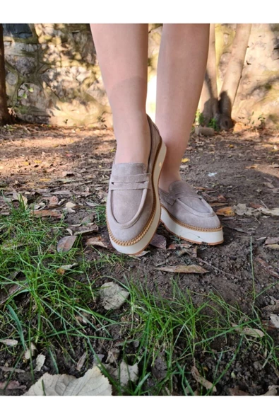 Hakiki Deri Bej Günlük Kadın Ayakkabı Loafer Eva Taban Makosen Babet Loafer1 - 5