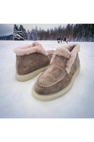 Hakiki Deri İçi Hakiki Kürk Bej Kadın Günlük Bot - 6