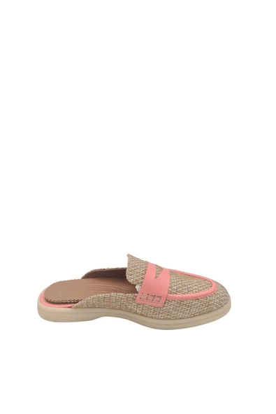 Hakiki Deri Keten Detaylı Pembe Günlük Kadın Terlik - 4
