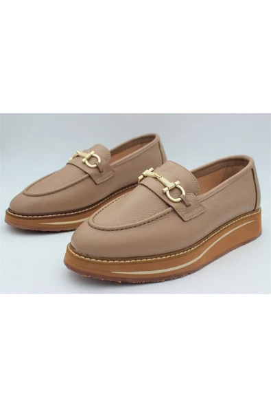 Hakiki Deri Kadın Ayakkabı Bej Loafer Makosen Günlük Tokalı Deri Aykkbim2517 - 5