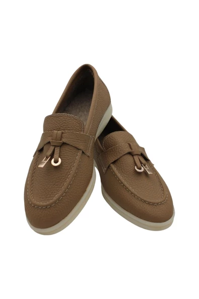 Hakiki Deri Kadın Kışlık Ayakkabı Taba Keçe Astar Rahat Taban Loafer - 4