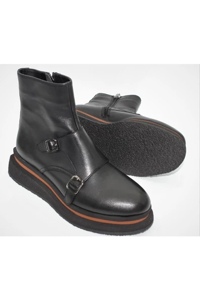 Hakiki Deri Siyah Fermuarlı Kadın Günlük Bot ürün görseli 1